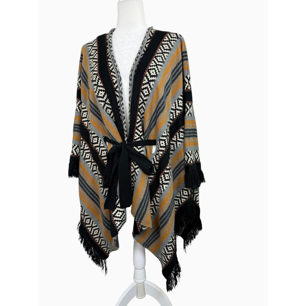 Rock & Roll Denim Womens Medium Southwestern Geometric Fringe Belted Poncho Wrap